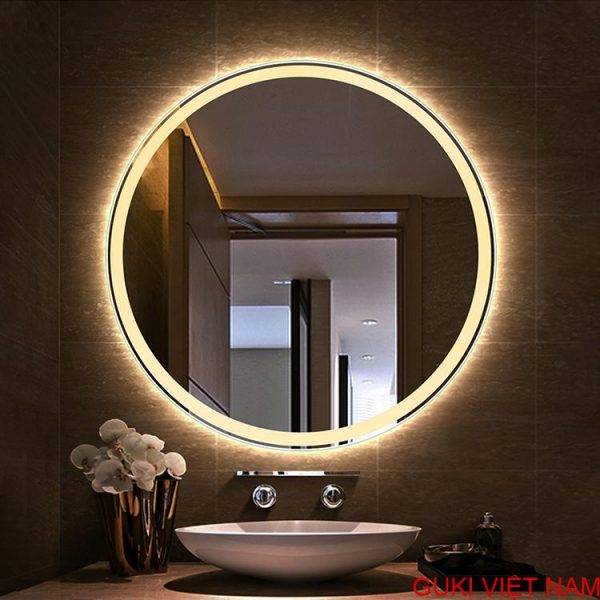 Gương tròn đèn led vàng treo tường phòng tắm nhà tắm